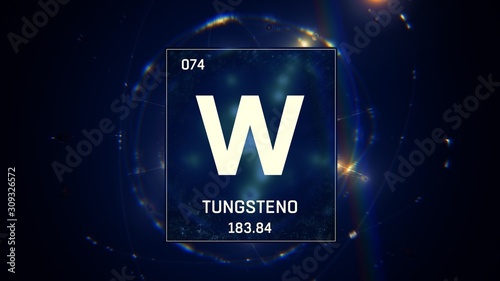 3D illustration of Tungsten as Element 74 of the Periodic Table. Blue illuminated atom design background with orbiting electrons. Name, atomic weight, element number in Spanish language photo