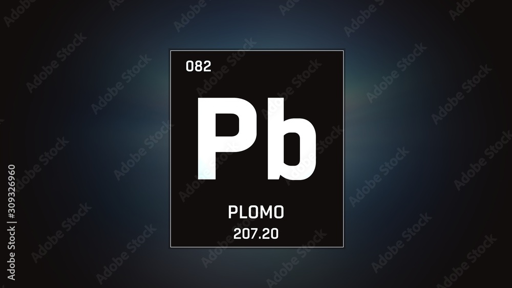 3D illustration of Lead as Element 82 of the Periodic Table. Grey illuminated atom design background with orbiting electrons. Name, atomic weight, element number in Spanish language 3D illustration of Lead as Element 82 of the Periodic Table. Grey illuminated atom design background with orbiting electrons. Name, atomic weight, element number in Spanish language