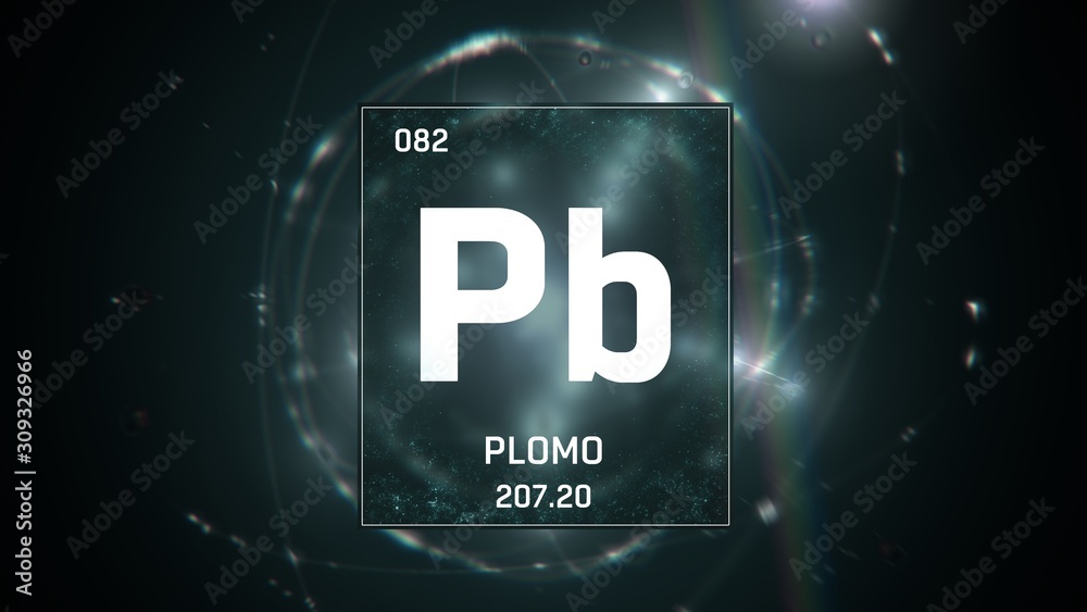 3D illustration of Lead as Element 82 of the Periodic Table. Green illuminated atom design background with orbiting electrons. Name, atomic weight, element number in Spanish language 3D illustration of Lead as Element 82 of the Periodic Table. Green illuminated atom design background with orbiting electrons. Name, atomic weight, element number in Spanish language