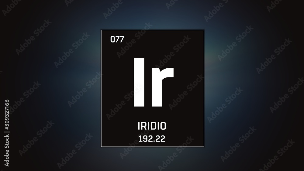 3D illustration of Iridium as Element 77 of the Periodic Table. Grey illuminated atom design background with orbiting electrons. Name, atomic weight, element number in Spanish language 3D illustration of Iridium as Element 77 of the Periodic Table. Grey illuminated atom design background with orbiting electrons. Name, atomic weight, element number in Spanish language