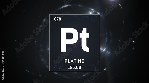 3D illustration of Platinum as Element 78 of the Periodic Table. Silver illuminated atom design background with orbiting electrons. Name, atomic weight, element number in Spanish language