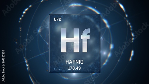 3D illustration of Hafnium as Element 72 of the Periodic Table. Blue illuminated atom design background with orbiting electrons. Name, atomic weight, element number in Spanish language