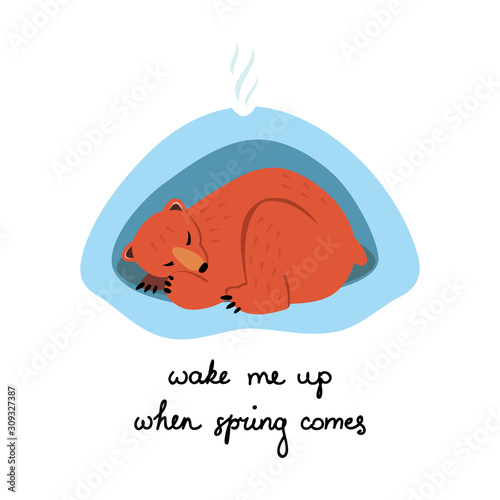 Wake me up when spring comes. A cute cartoon bear sleeping in the winter in his den. Vector 8 EPS.
