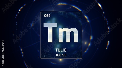 3D illustration of Thulium as Element 69 of the Periodic Table. Blue illuminated atom design background with orbiting electrons. Name  atomic weight  element number in Spanish language