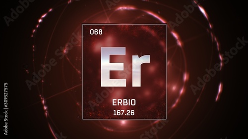 3D illustration of Erbium as Element 68 of the Periodic Table. Red illuminated atom design background with orbiting electrons. Name, atomic weight, element number in Spanish language photo