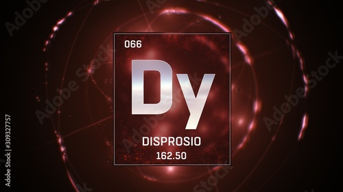 3D illustration of Dysprosium as Element 66 of the Periodic Table. Red illuminated atom design background with orbiting electrons. Name, atomic weight, element number in Spanish language photo