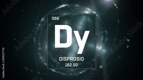 3D illustration of Dysprosium as Element 66 of the Periodic Table. Green illuminated atom design background with orbiting electrons. Name, atomic weight, element number in Spanish language photo