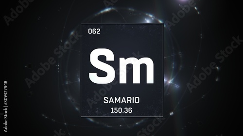 3D illustration of Samarium as Element 62 of the Periodic Table. Silver illuminated atom design background with orbiting electrons. Name, atomic weight, element number in Spanish language