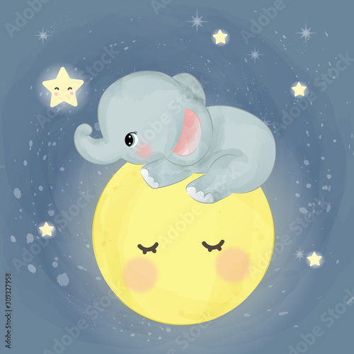 cute elephant with the moon