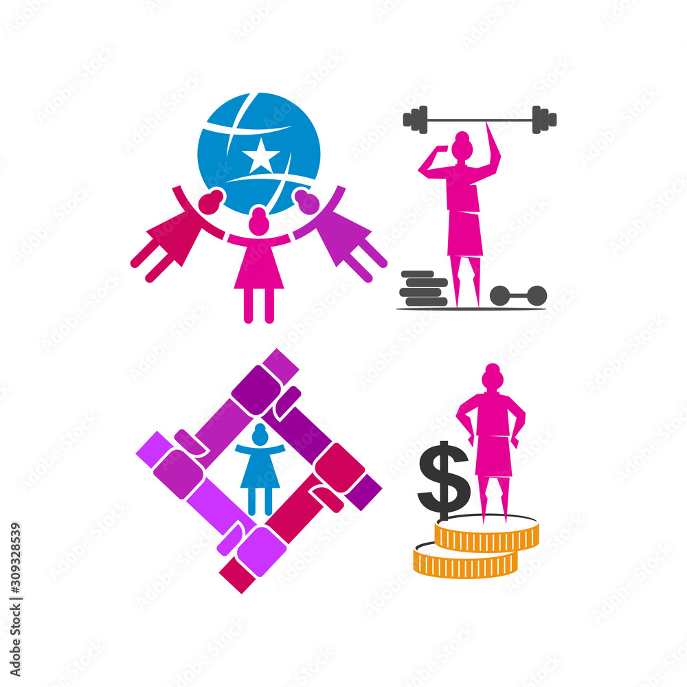 Woman power World Money logo vector illustration icon symbol Set Woman power World Money logo vector illustration icon symbol Set