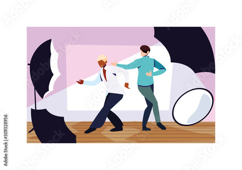 men posing with cameras in photo studio