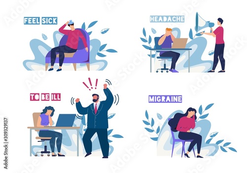 Sick People Characters Feeling Unwell on Workplace Flat Set. Man Woman Suffering from Migraine, Headache and Angry Arguing Boss. Sickness and Illness. Foliage Design. Vector Cartoon Illustration