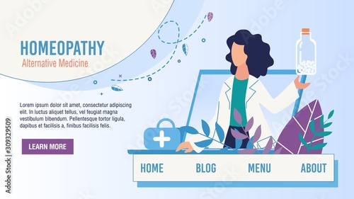 Flat Landing Page Promoting Alternative Homeopathy Medicine. Online Consultative Service. Woman Doctor Giving Advise, Selling Homeopathic Pills for Treatment. Vector Cartoon Illustration
