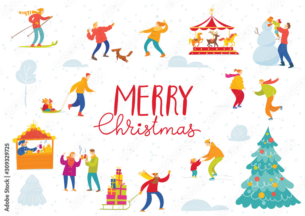 Cool vector Merry Christmas winter market design for holiday with shopping and active people
