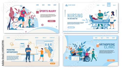 Orthopedic and Traumatological Department Services for Adult and Little Patients with Impaired Musculoskeletal System Functioning, Sports Injuries, Disability. Landing Page Set. Vector Illustration