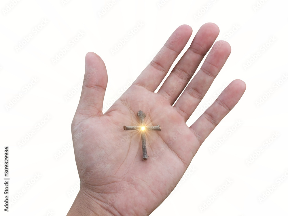 hand holding a cross isolated on white background ,Concept for Christian, god is the leader of life.