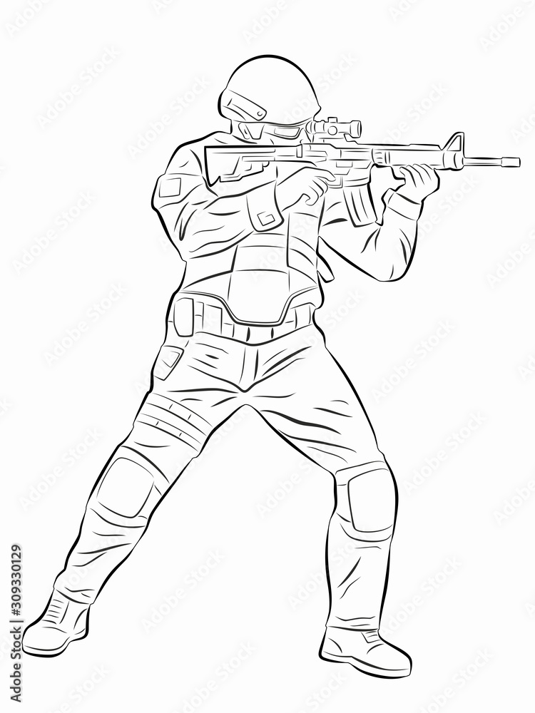 illustration of a policeman or soldier with a gun, vector draw Stock