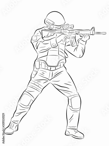 illustration of a policeman or soldier with a gun, vector draw