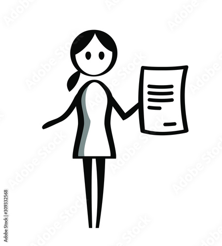 Flipchart style drawing of woman holding paper document - line art illustration for presentations