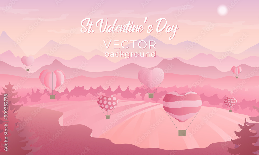 Valentines day horizontal vector background of landscape with air ballons in the sky, medow, mountins and forest in pink colours and grain texture. Best for banners, wallpaper or flyer design.