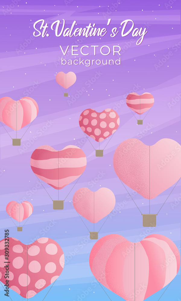 Valentines day vertical vector background with illustration air ballons in the sky with stars and clouds in pink and violet colours and grain texture. Best for banners, wallpaper or flyer design.