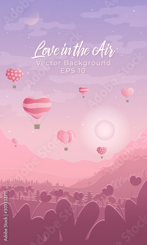 Valentines day vertical vector background with landscape with silhouettes of air ballons in the sky,mountains and forest and town in pink and violet colours and grain texture.