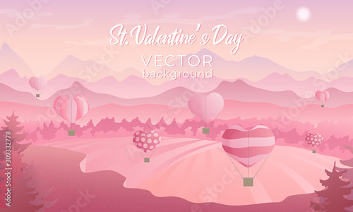 Valentines day horizontal vector background of landscape with air ballons in the sky, medow, mountins and forest in pink colours and grain texture. Best for banners, wallpaper or flyer design. © Juri Kam