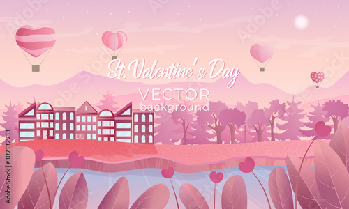 Valentines day horizontal vector background with air ballons in the sky, medow, mountains, river,forest and town in pink colours and grain texture. Best for banners, wallpaper or flyer design.