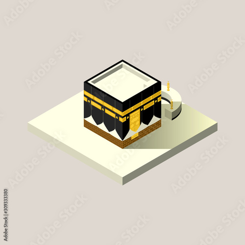 ramadan kareem islamic background with realistic ka'bah alharam mosque and isometric concept style design vector, eid mubarak, hari raya, eid fitr, eid adha, hajj, umrah photo