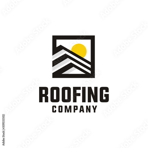 Home House Roof with Sun. Roofing Construction or Solar Panel Photovoltaic Company logo design