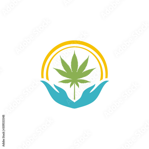 Nature Organic Hemp Cannabis Leaf Therapy with Hands and Sun logo design