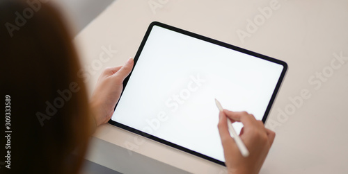 Young passionate businesswoman working on her project while using mock up tablet