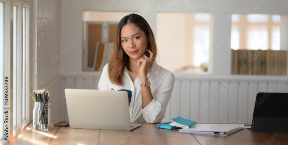 Portrait of beautiful businesswoman working with laptop computer and smiling to the camera in modern office Portrait of beautiful businesswoman working with laptop computer and smiling to the camera in modern office