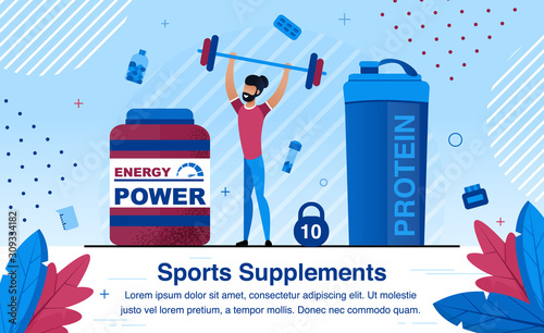 Sports Nutrition Supplements for Energy Revival and Physical Power Growth Trendy Flat Vector Advertising Banner, Poster Template. African-American Man, Male Athlete Puling Barbell in Gym Illustration