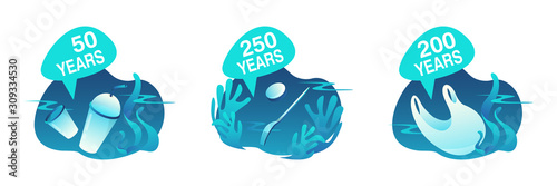 Set deadline, decay time of plastic trash in the ocean. Say no to the plastic. Vector waste collection isolated white background. Illustration for a protest poster of pollution of the ocean, sea.