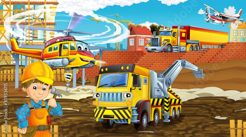 cartoon scene with industry cars on construction site and flying helicopter and plane - illustration for children