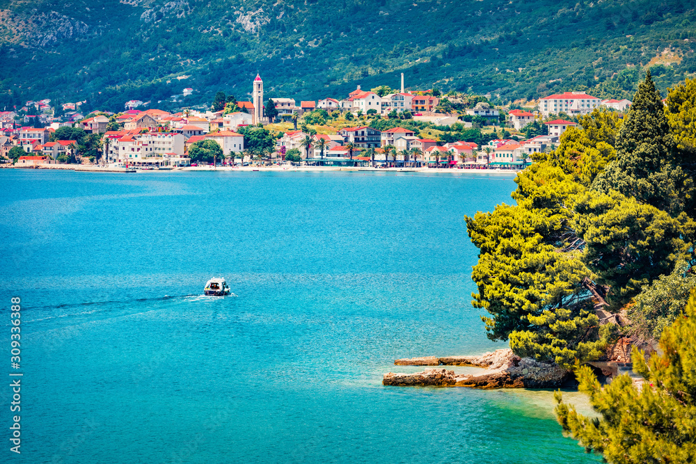 Motor boat trips along the Adriatic Sea near the town of Gradac. Stunning morning of  Makarska riviera in southern Dalmatia, Croatia, Europe. Traveling concept background..