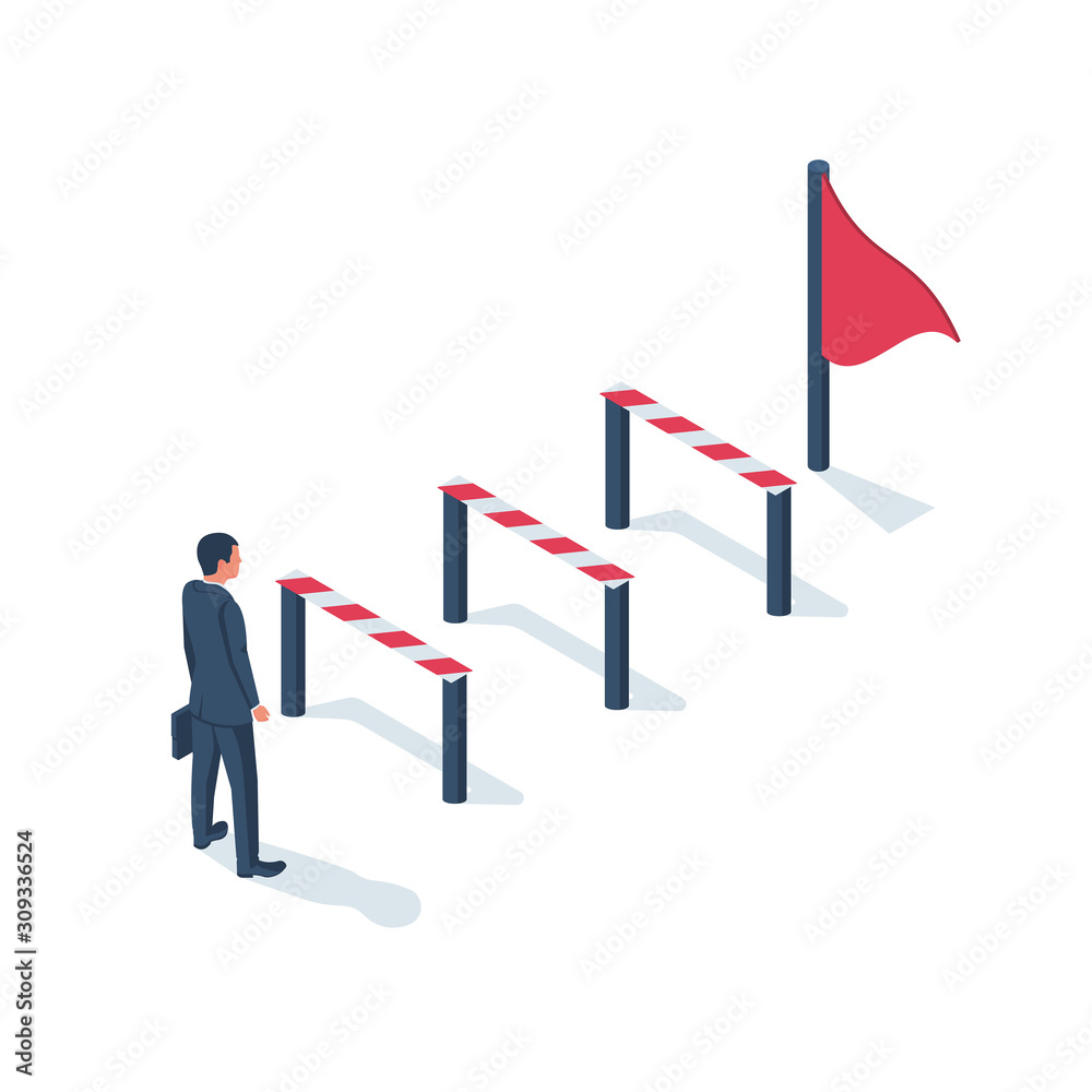 Conquering adversity. Hurdle on way concept. Businessman obstacle metaphor. Overcoming obstacle on road. Barrier on way to success. Vector illustration isometric 3d design. Isolated white background.