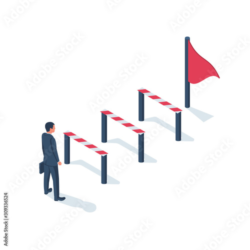 Conquering adversity. Hurdle on way concept. Businessman obstacle metaphor. Overcoming obstacle on road. Barrier on way to success. Vector illustration isometric 3d design. Isolated white background. photo