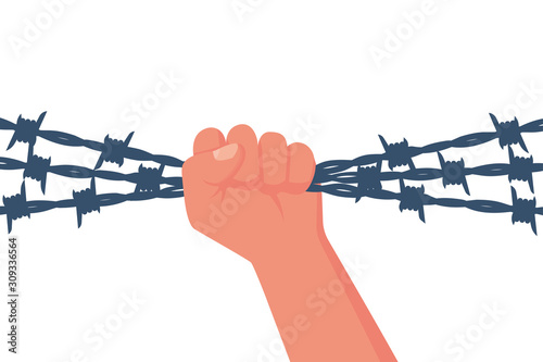 Barbed wire strong man's hand. Man versus conclusion, opposition concept. Metal sharp iron protection. In fist wire. Vector illustration flat design. Isolated white background. Template landing page.
