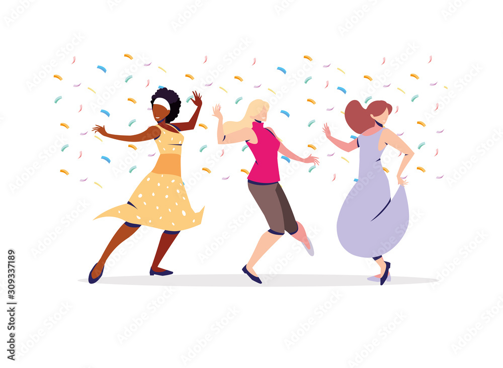 scene of women in dance pose, party, dance club