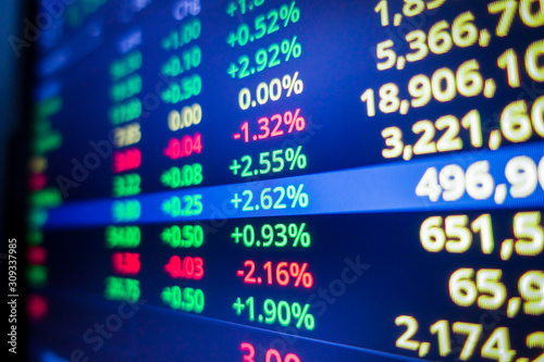 Blue stock exchange market graph on LED screen for business analysis. Finance and economic graphs.