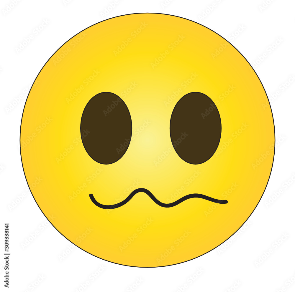 Fototapeta premium Confused emoji face. Yellow face emoticon with open black eyes and a skewed frown, as if scrunching its cheeks or chewing lips. Expression of feeling puzzled, sad, confused, disappointed, frustrated.
