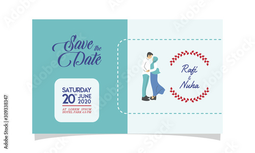 Wedding invitation with muslim couple flat vector charachter. modern design flat vector for marriage. graphic illustration. married concept. Groom and bride card template. © Hadi
