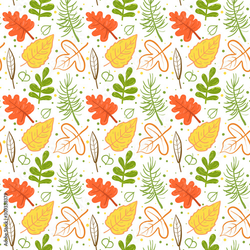 Seamless vector pattern with autumn leaves of different shapes: oak, linden, chestnut, acacia