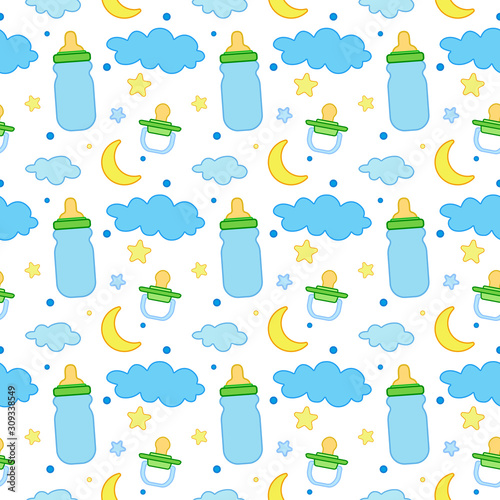 Vector pattern with nipples, bottles, month, clouds and stars for newborns on a white background. Great for packaging design, textiles, cards and invitation cards.