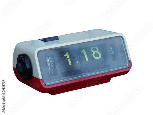 Closeup Di cut white and red alarm clock on white background,technology, object, copy space