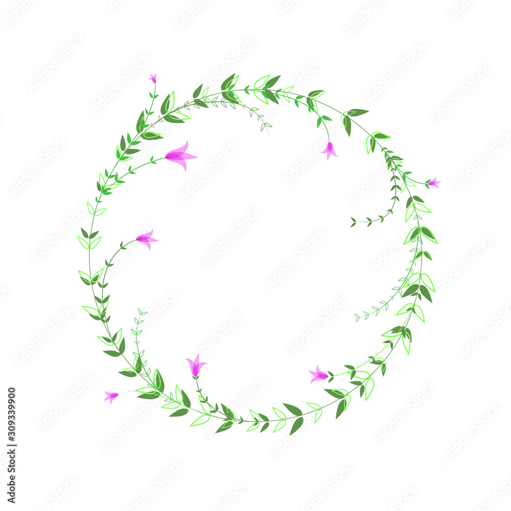 Round frame with green foliage and pink flowers. Delicate design element. Vector floral illustration. Design template for logo, invitation, greetings. Laconic stylish wreath. Minimalist border. 
