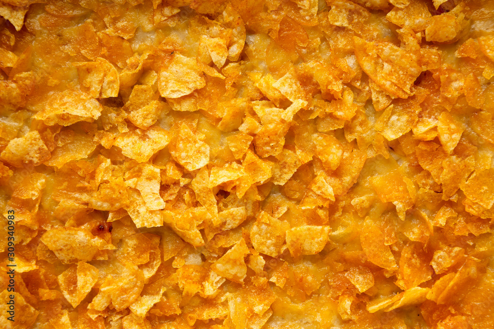 Cheesy Homemade Funeral Potatoes Casserole, top view. Flat lay, overhead, from above. Close-up. Cheesy Homemade Funeral Potatoes Casserole, top view. Flat lay, overhead, from above. Close-up.