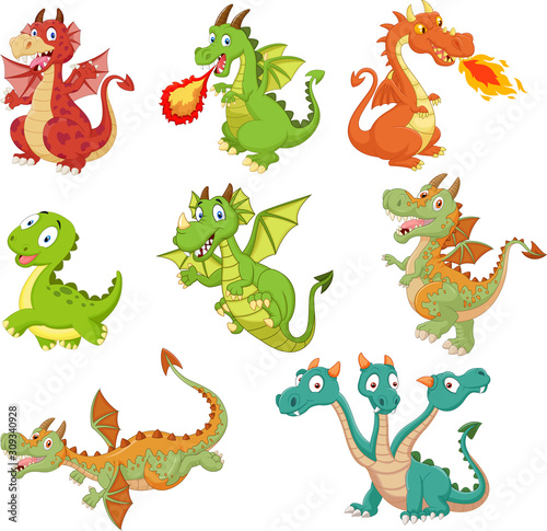 Set of dragons cartoon on white background